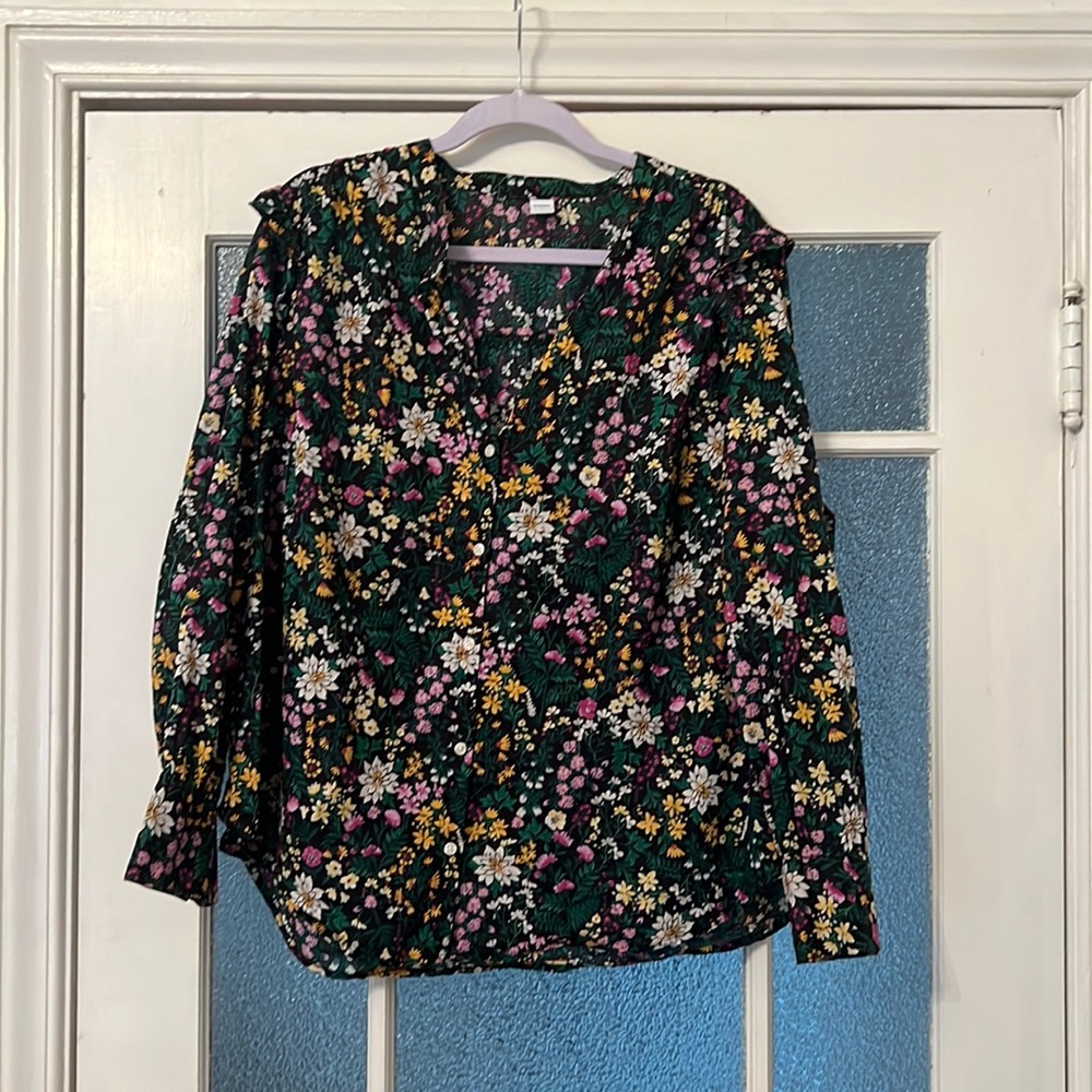 Old Navy Floral Ruffle Shoulder Button Down Top